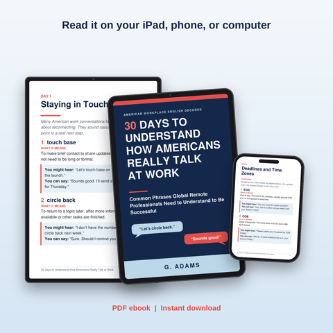All-devices mockup: "American Workplace English ebook displayed on laptop, tablet, and phone"