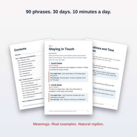 Inside pages mockup: "Inside pages of American Workplace English Decoded ebook showing daily phrase lessons"